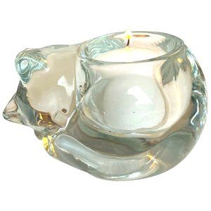 2 Items: INDIANA GLASS Cat Votive Candle Holder & NWT Kitty Ribbon Feline Meow
